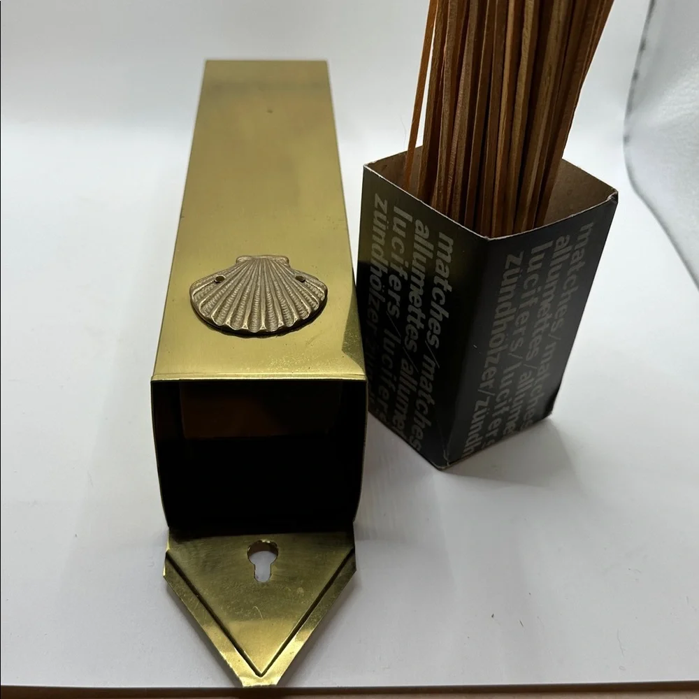 Vintage Mid Century Brass Fireplace Tall Matchbox Holder w/Shell Design
